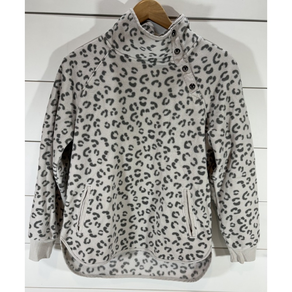 Green Tea Fleece Sweater Women's Long Sleeve Leopard Print Mock Neck Size Small